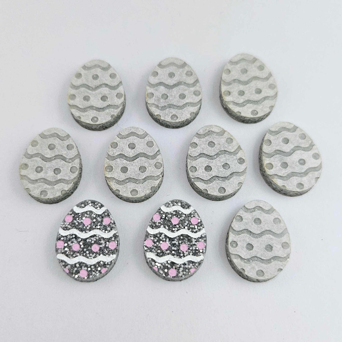 16mm teal glitter acrylic Easter egg stud blanks with engraved pattern and paint fill