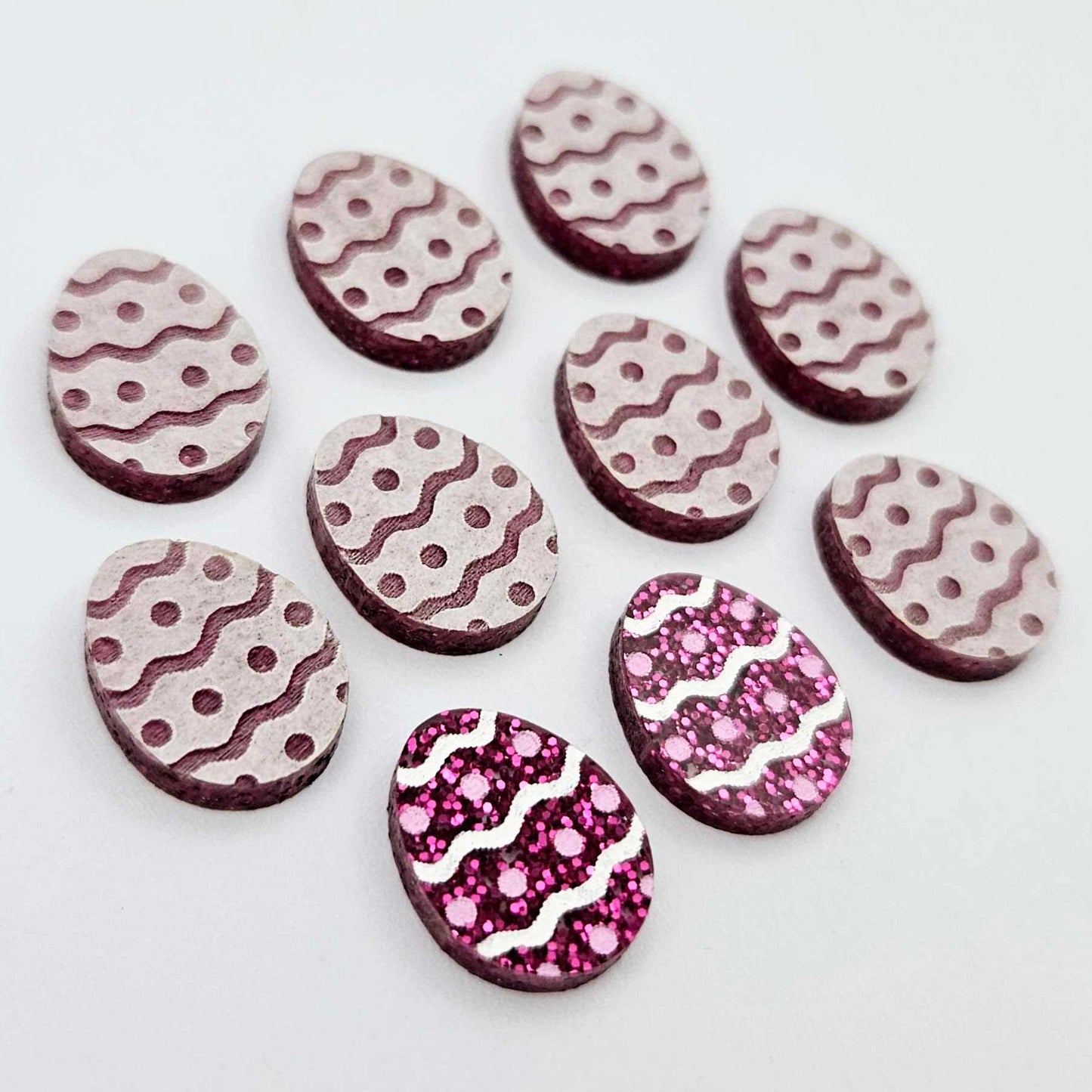 16mm hot pink glitter acrylic Easter egg stud blanks with engraved pattern and paint fill