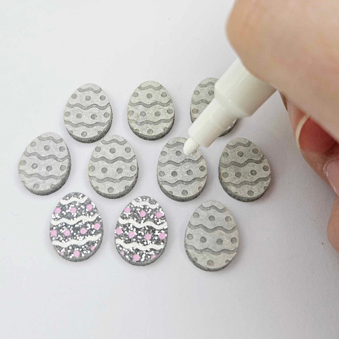 16mm teal glitter acrylic Easter egg stud blanks with engraved pattern and paint fill