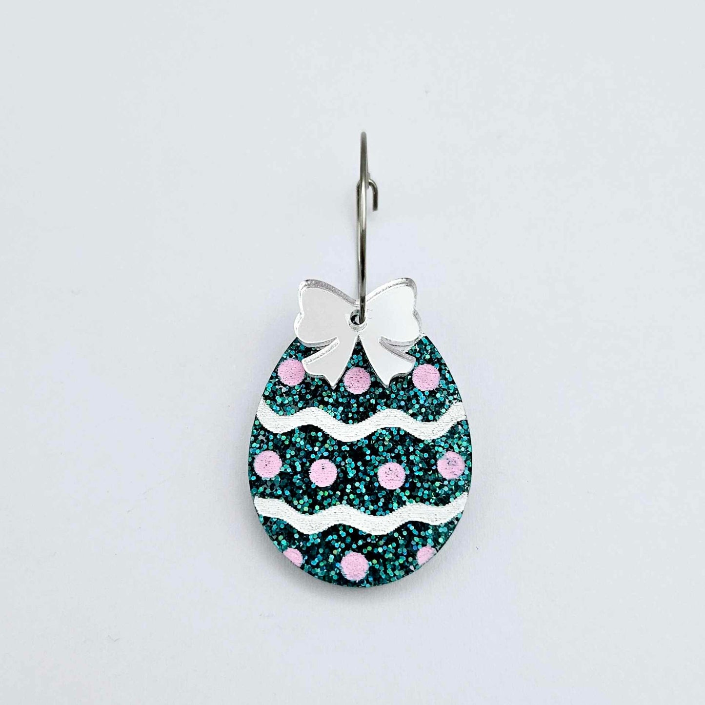 30mm teal glitter acrylic Easter egg dangle blanks with engraved pattern and paint fill
