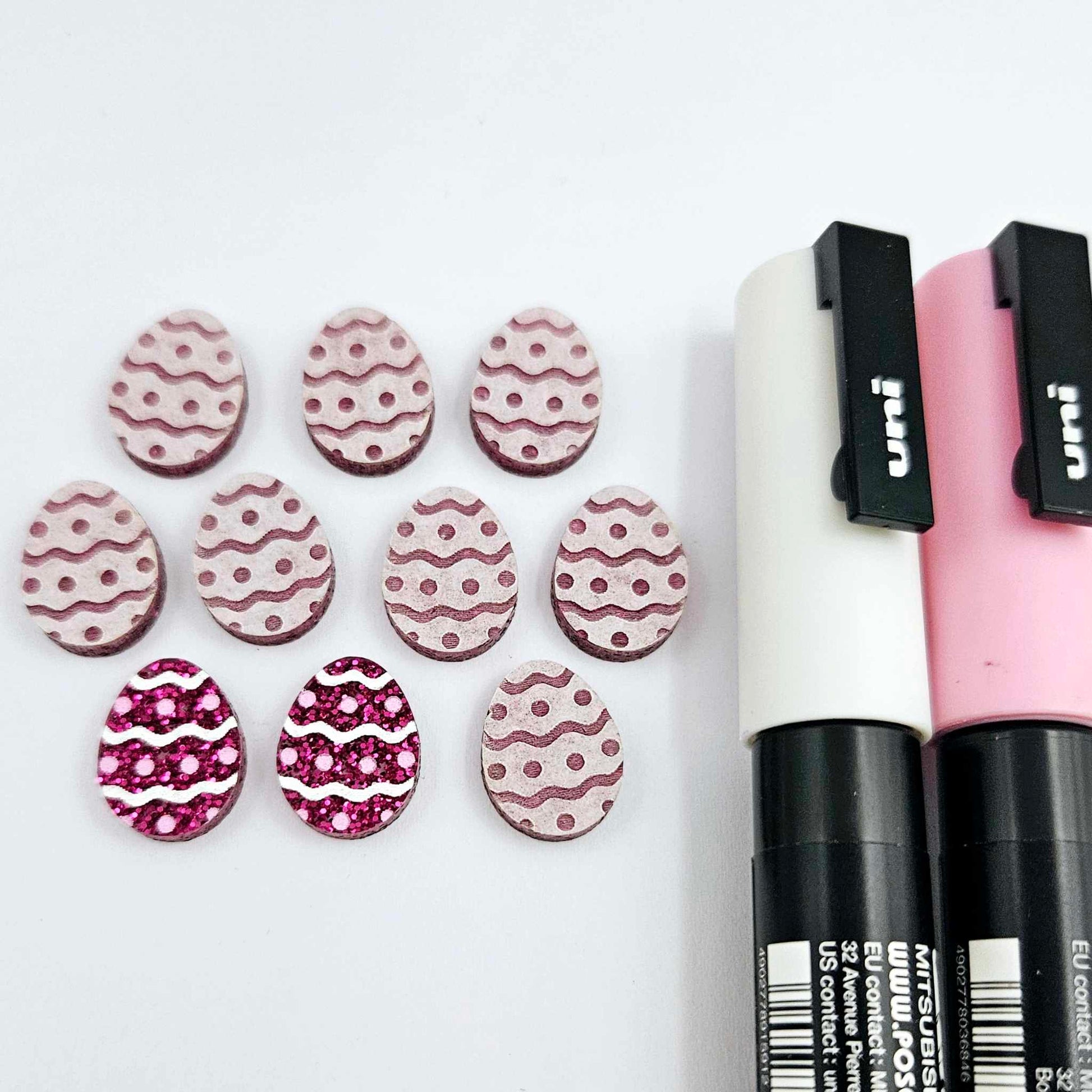 16mm hot pink glitter acrylic Easter egg stud blanks with engraved pattern and paint fill