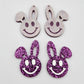 38mm purple glitter acrylic bunny dangle blanks with engraved smiley face, two paint filled white and two others unfilled with protective film on