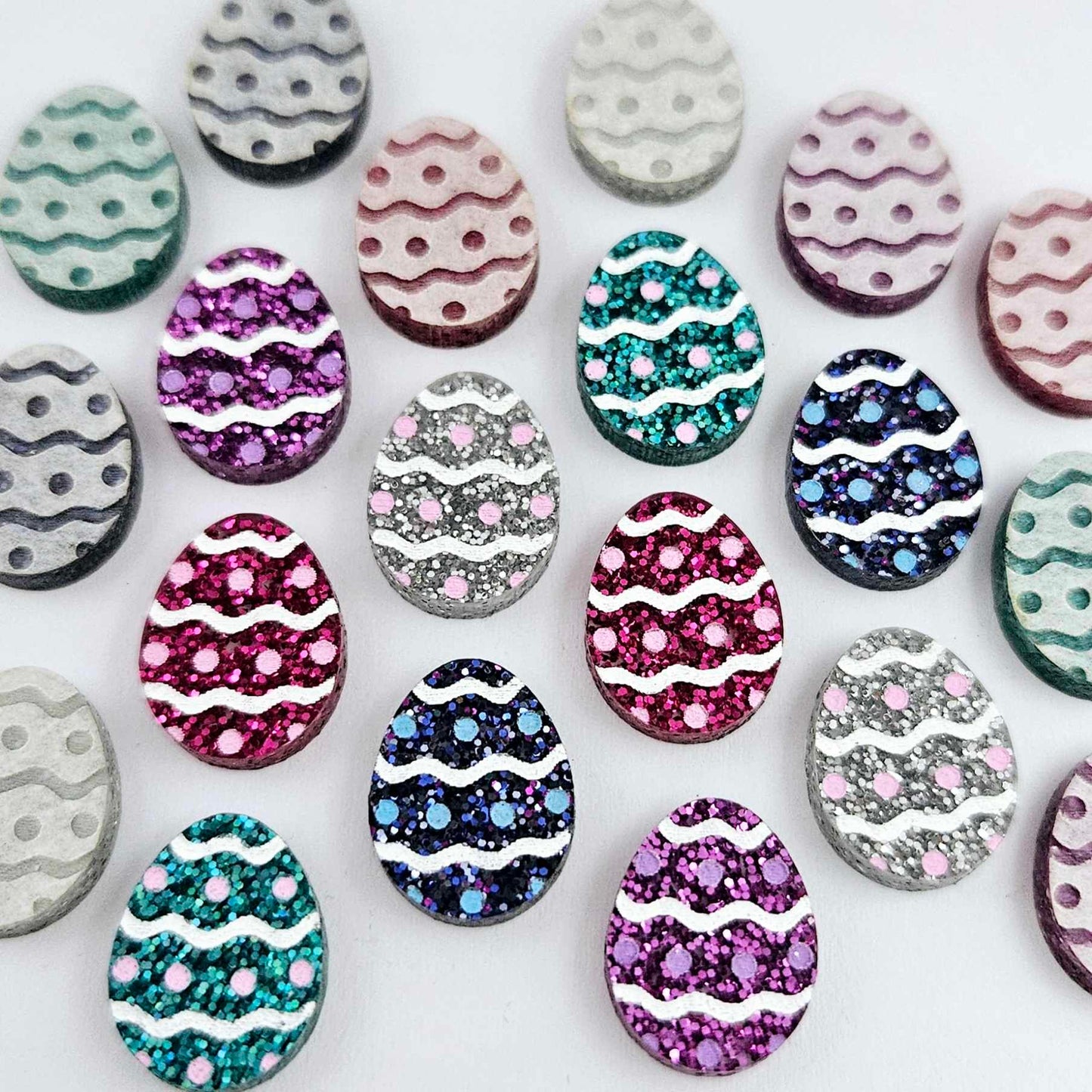 16mm hot pink, purple, teal, holographic blue and silver glitter acrylic Easter egg stud blanks with engraved pattern and paint fill mixed pack