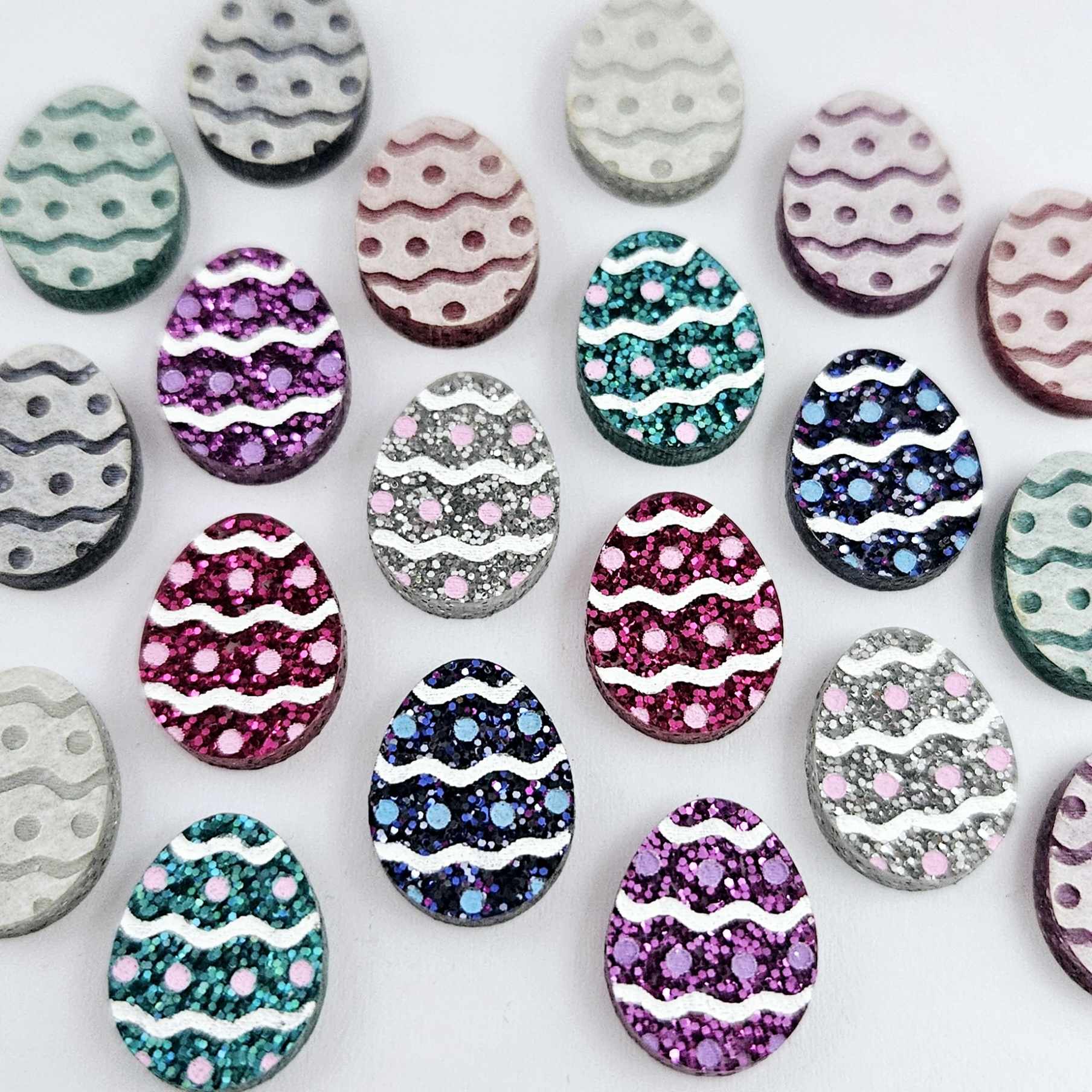 16mm hot pink, purple, teal, holographic blue and silver glitter acrylic Easter egg stud blanks with engraved pattern and paint fill mixed pack