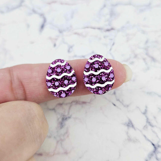16mm purple glitter acrylic Easter egg stud blanks with engraved pattern and paint fill