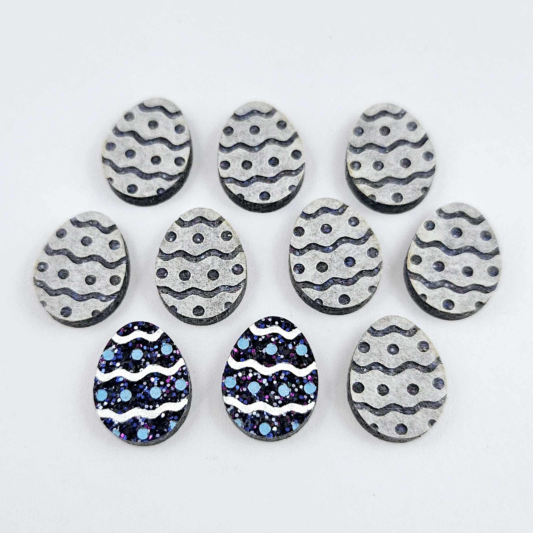 16mm holographic blue glitter acrylic Easter egg stud blanks with engraved pattern and paint fill
