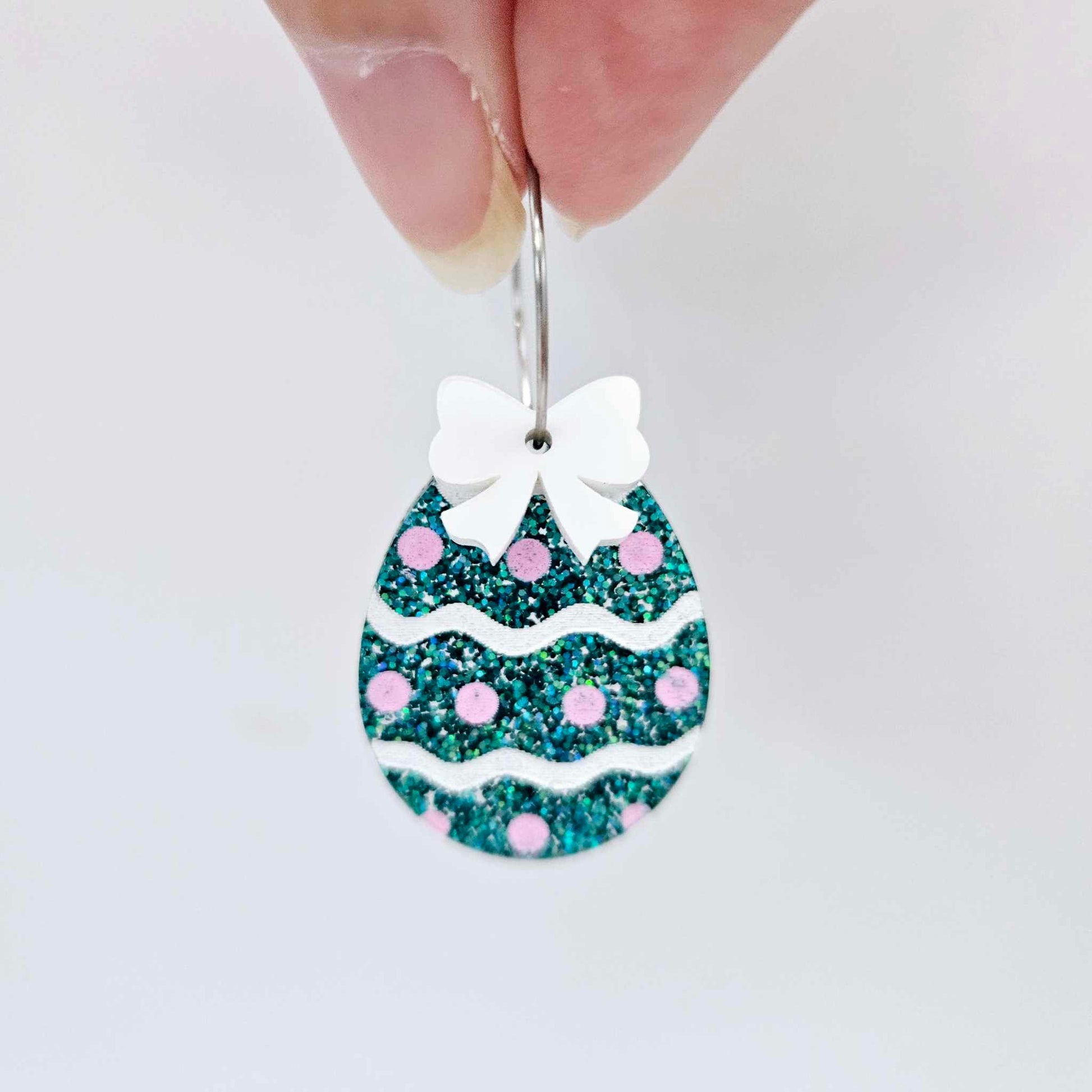 30mm teal glitter acrylic Easter egg dangle blanks with engraved pattern and paint fill