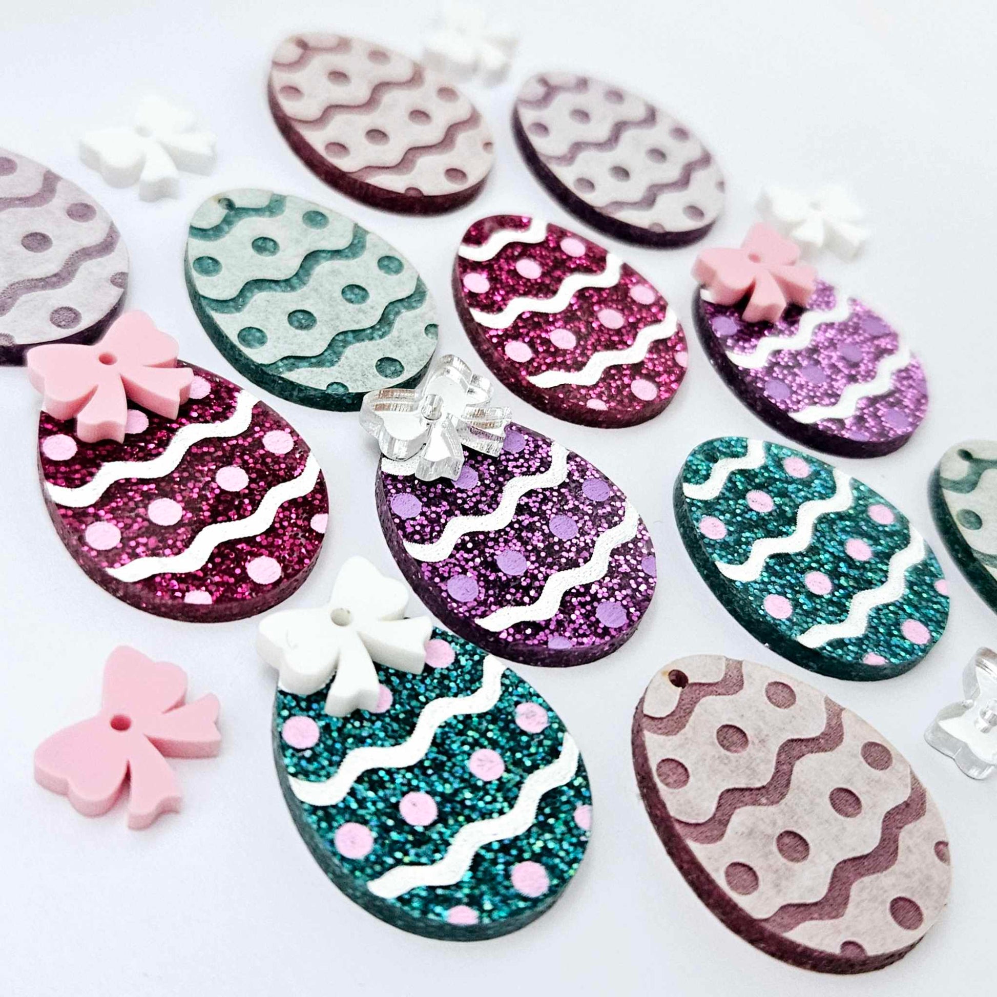 30mm teal hot pink purple glitter acrylic Easter egg dangle blanks with engraved pattern and paint fill mixed pack
