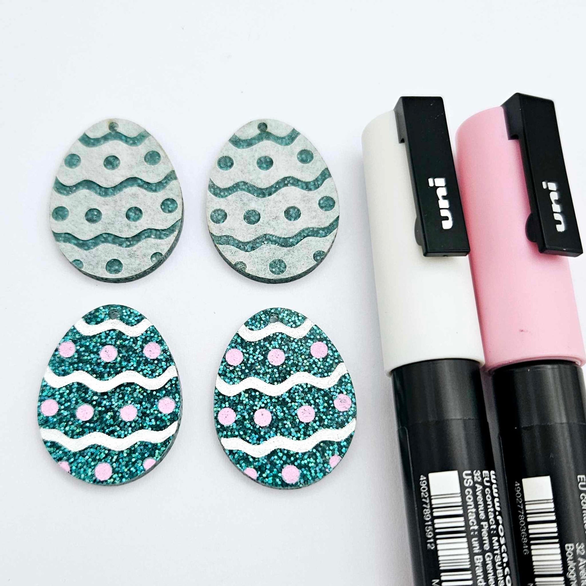 30mm teal glitter acrylic Easter egg dangle blanks with engraved pattern and paint fill