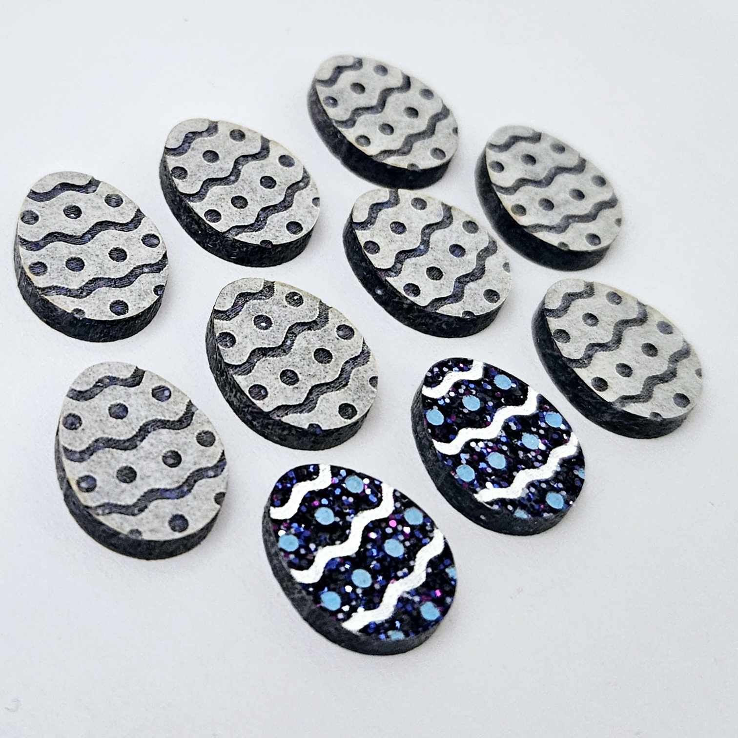 16mm holographic blue glitter acrylic Easter egg stud blanks with engraved pattern and paint fill