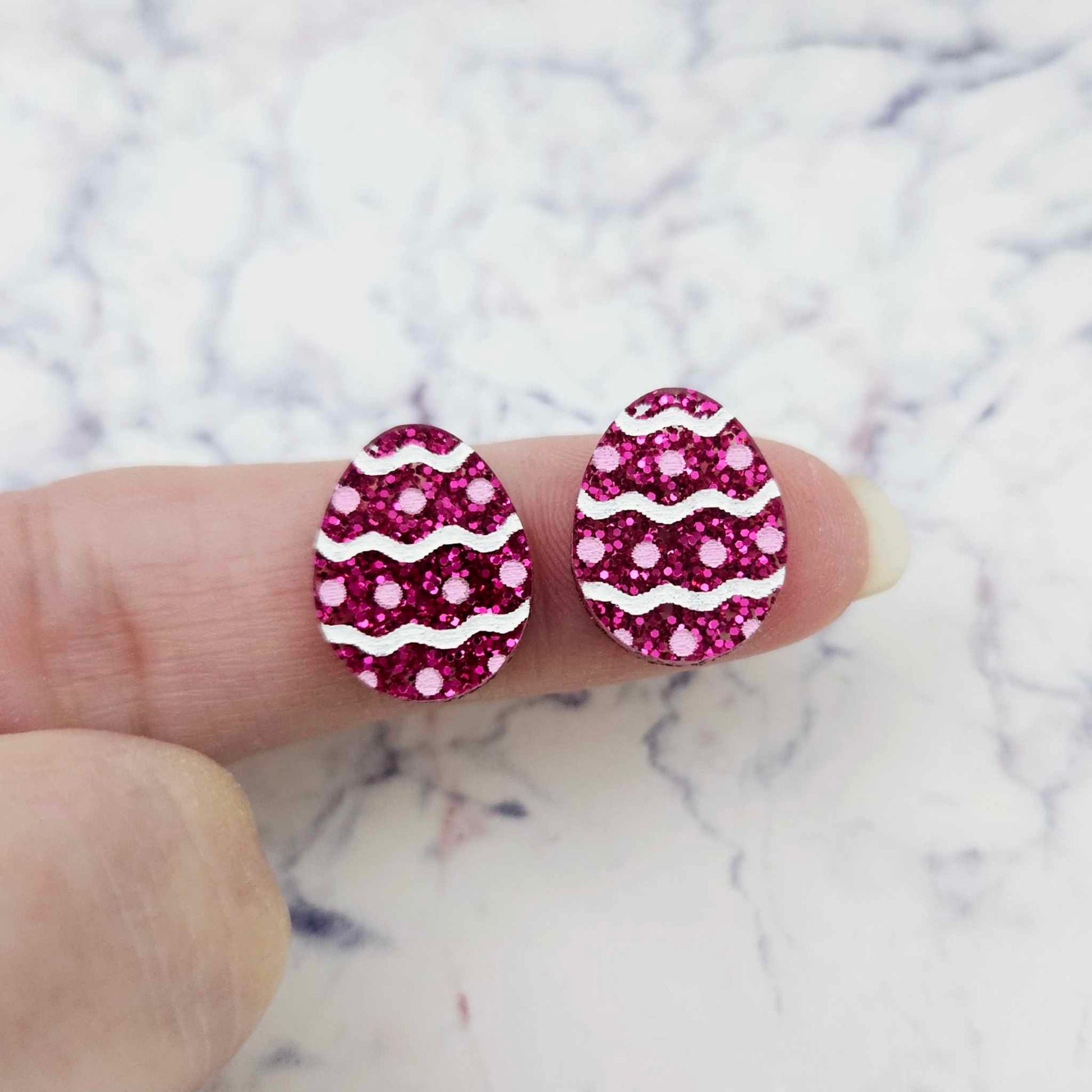 16mm hot pink glitter acrylic Easter egg stud blanks with engraved pattern and paint fill