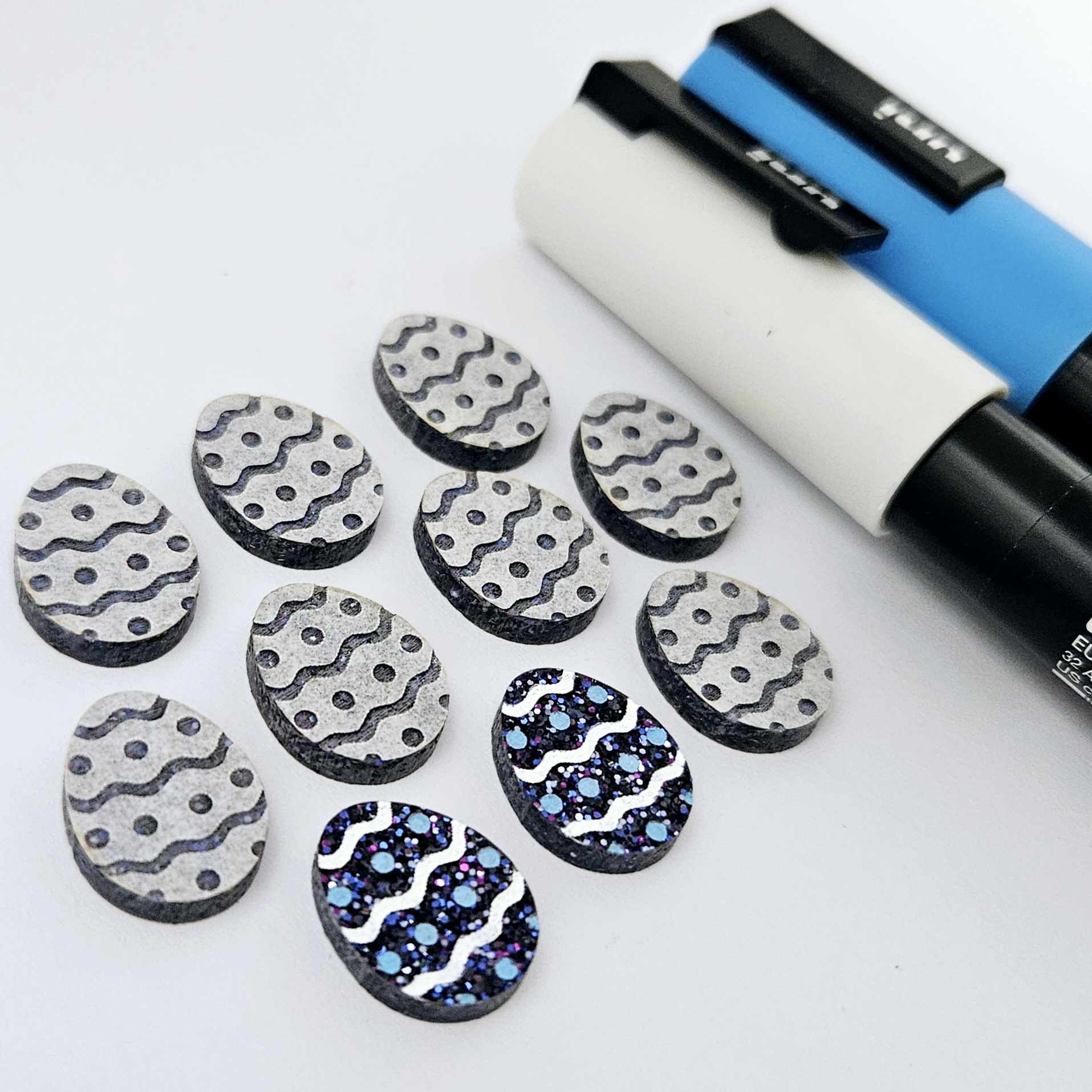 16mm holographic blue glitter acrylic Easter egg stud blanks with engraved pattern and paint fill