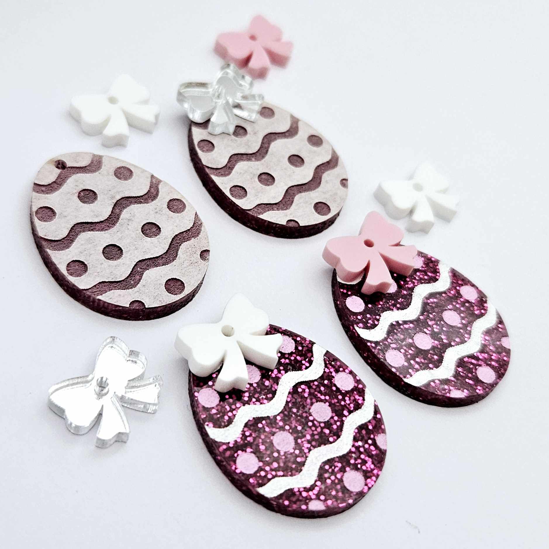 30mm hot pink glitter acrylic Easter egg dangle blanks with engraved pattern and paint fill