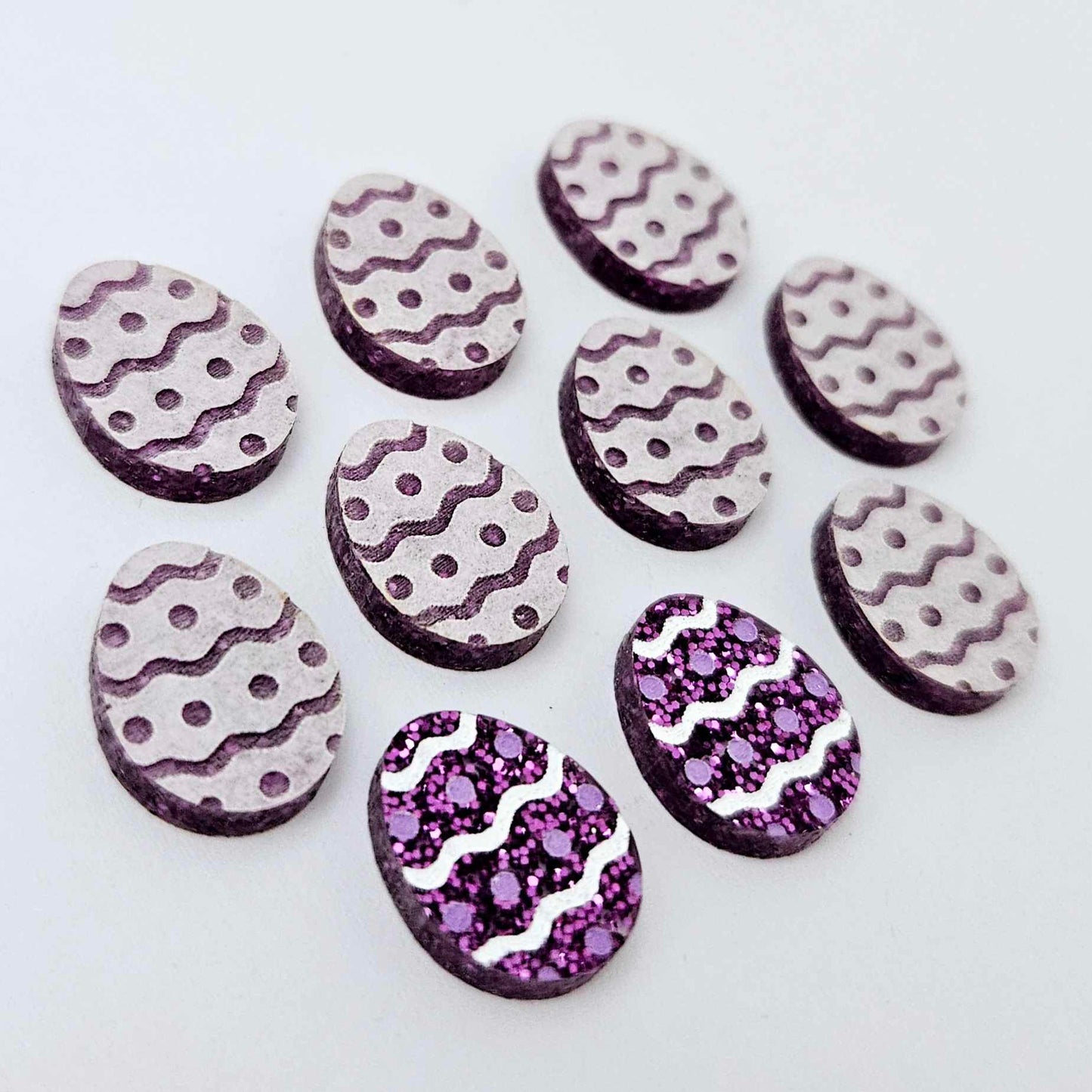 16mm purple glitter acrylic Easter egg stud blanks with engraved pattern and paint fill