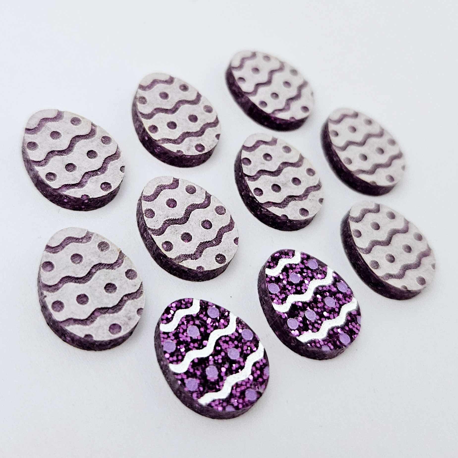 16mm purple glitter acrylic Easter egg stud blanks with engraved pattern and paint fill