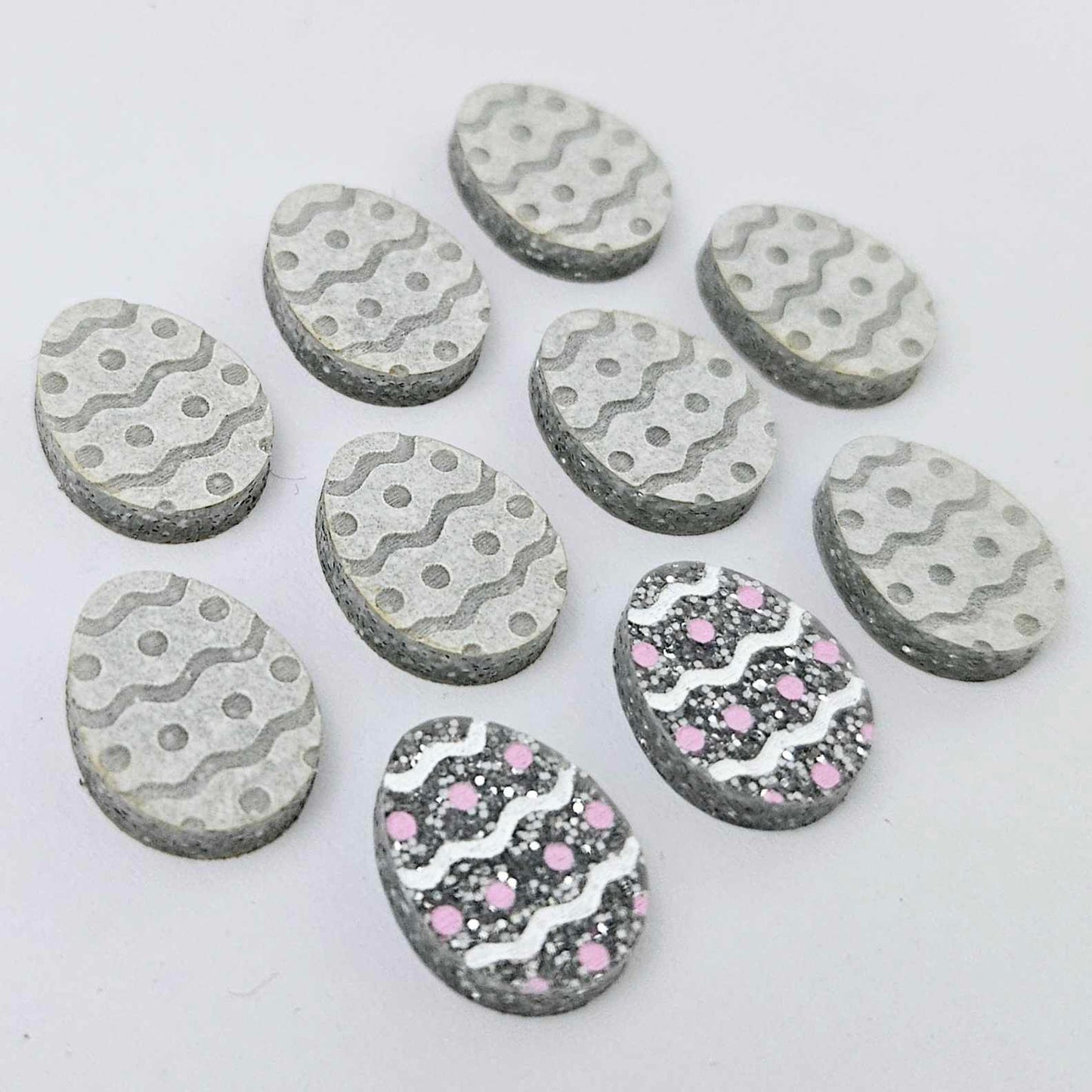 16mm teal glitter acrylic Easter egg stud blanks with engraved pattern and paint fill