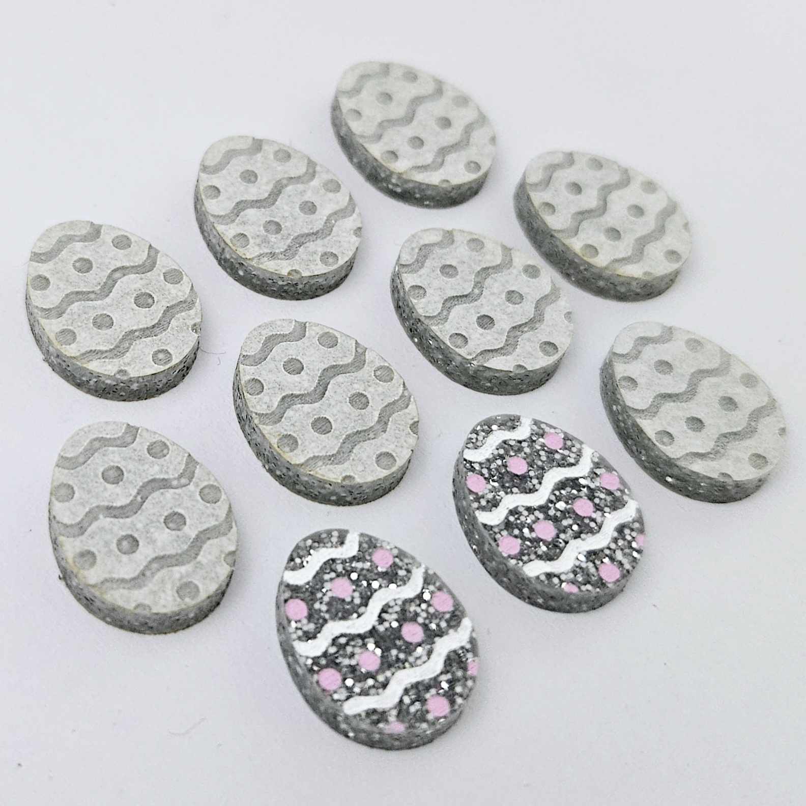 16mm teal glitter acrylic Easter egg stud blanks with engraved pattern and paint fill