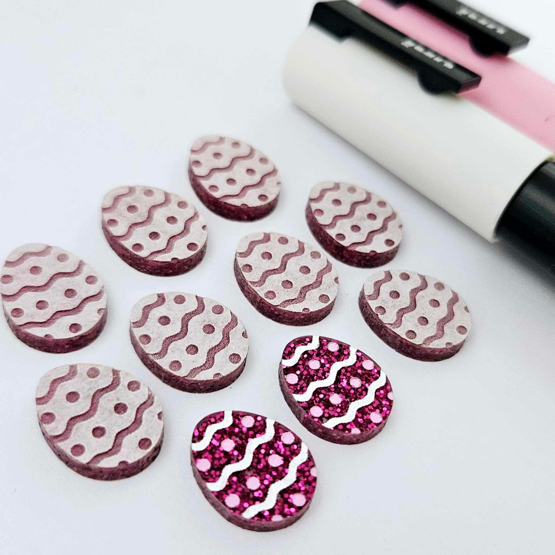 16mm hot pink glitter acrylic Easter egg stud blanks with engraved pattern and paint fill