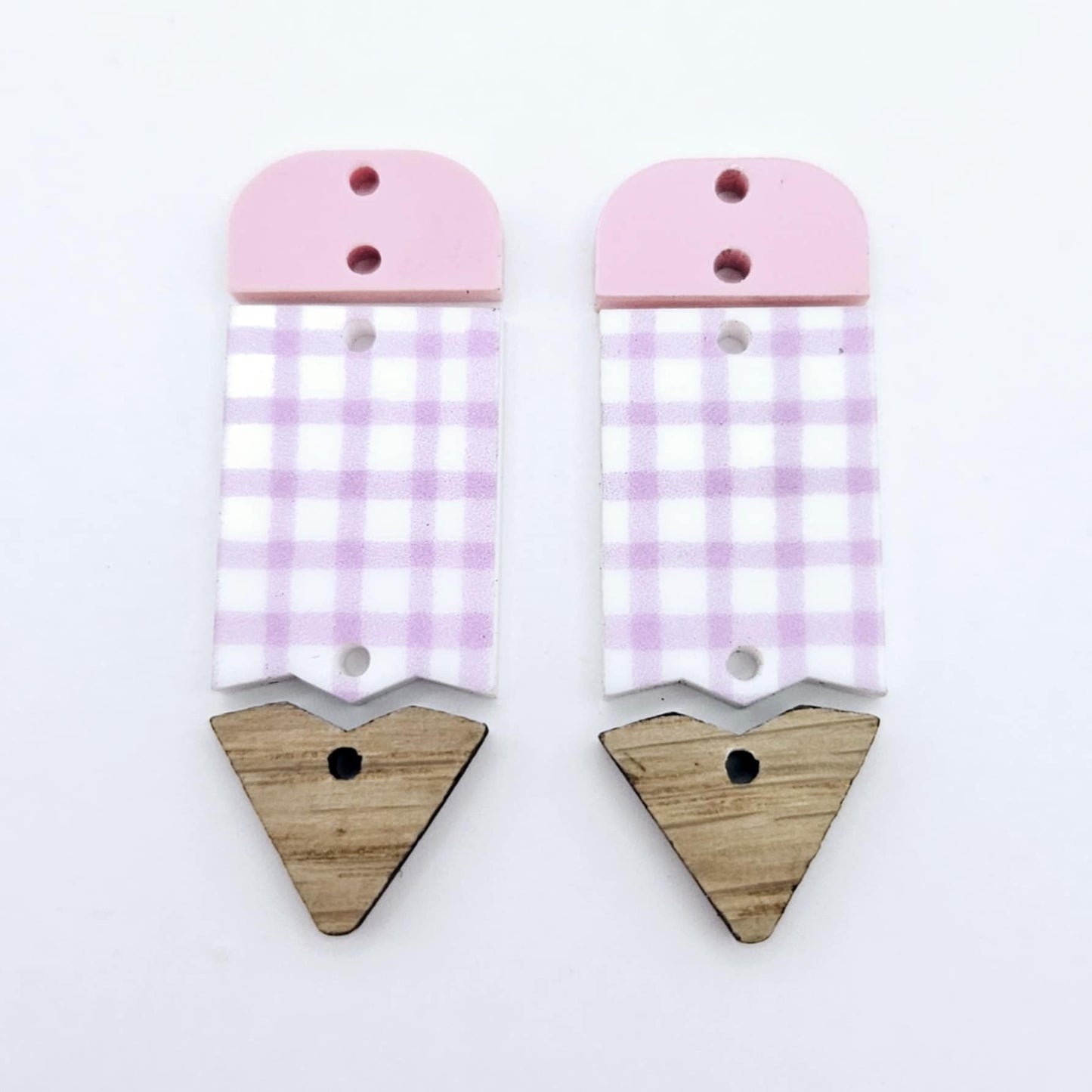 pastel gingham uv printed pink oak wood teacher pencil DIY earring supplies laser cut acrylic dangles blanks