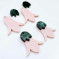 28mm dusty pale pink nodding flower dangle blanks shown on their own and with green mineral leaf cap pieces