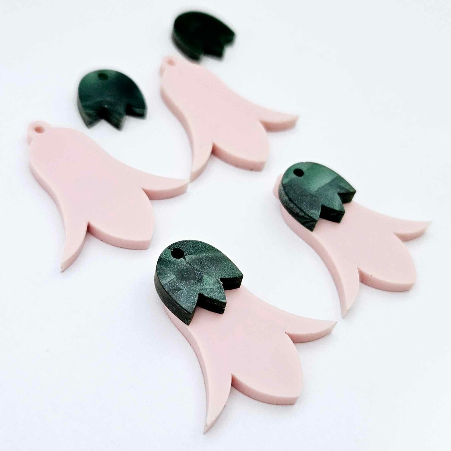 28mm dusty pale pink nodding flower dangle blanks shown on their own and with green mineral leaf cap pieces