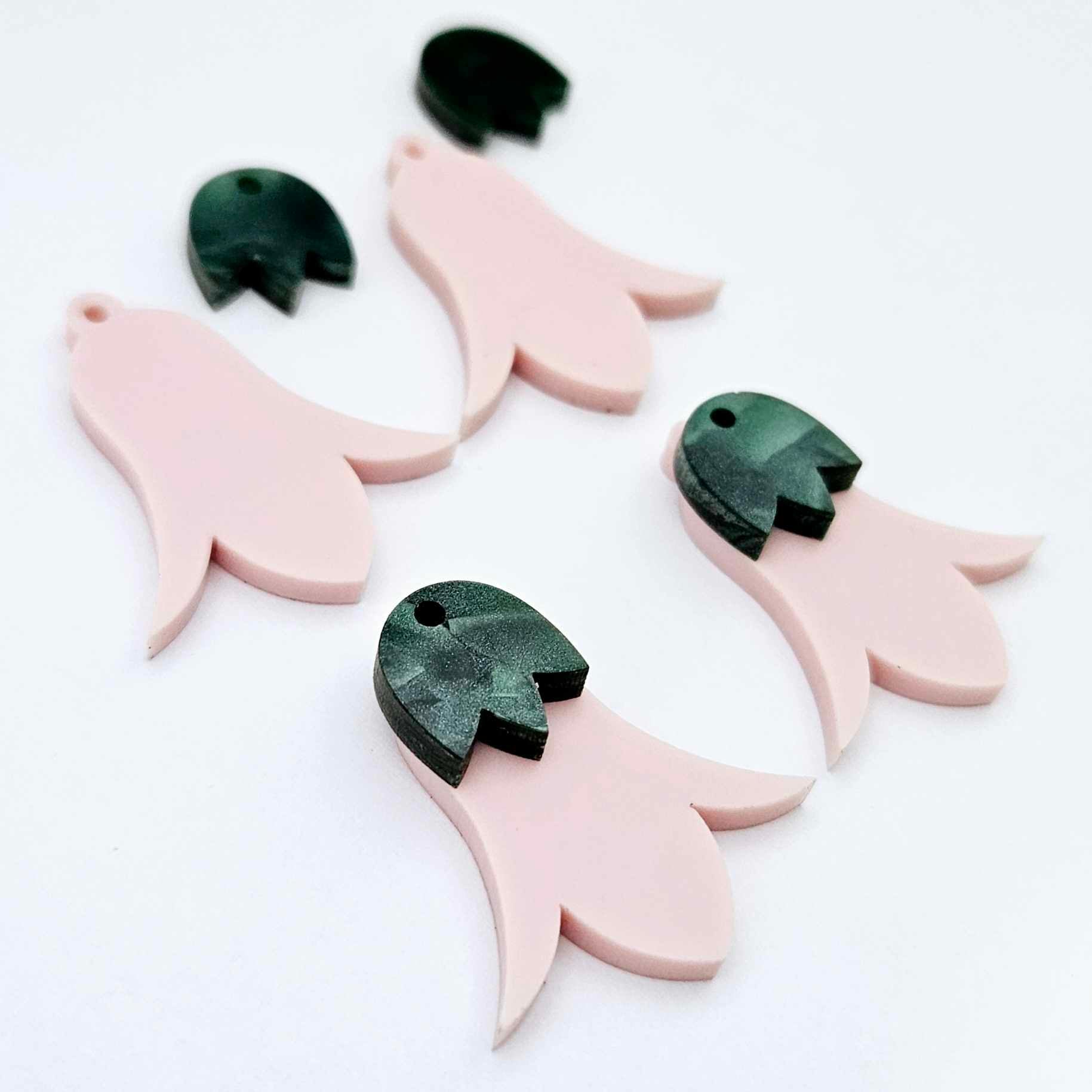 28mm dusty pale pink nodding flower dangle blanks shown on their own and with green mineral leaf cap pieces