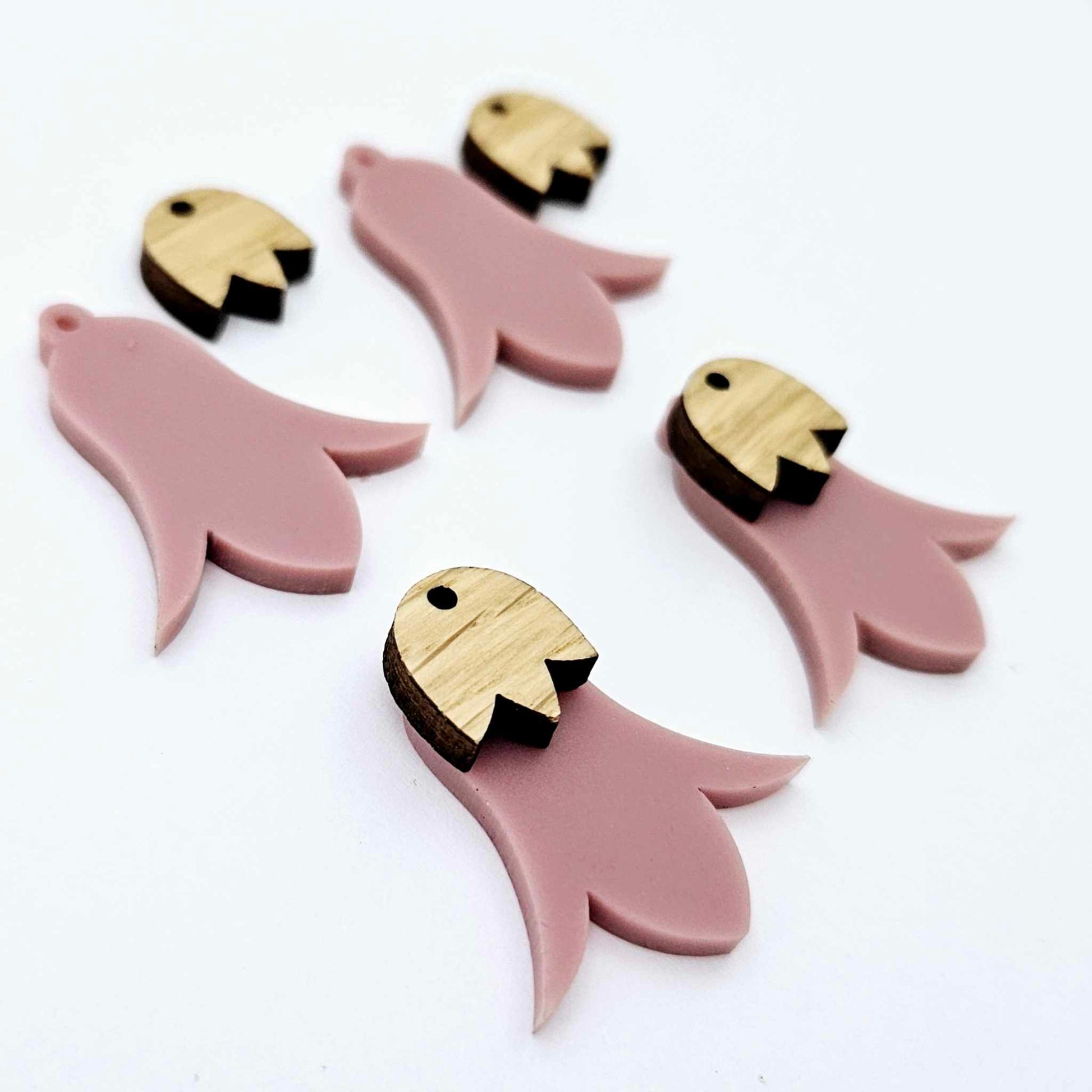 28mm dusty rose acrylic nodding flower dangle blanks shown on their own and with oak wood leaf cap pieces