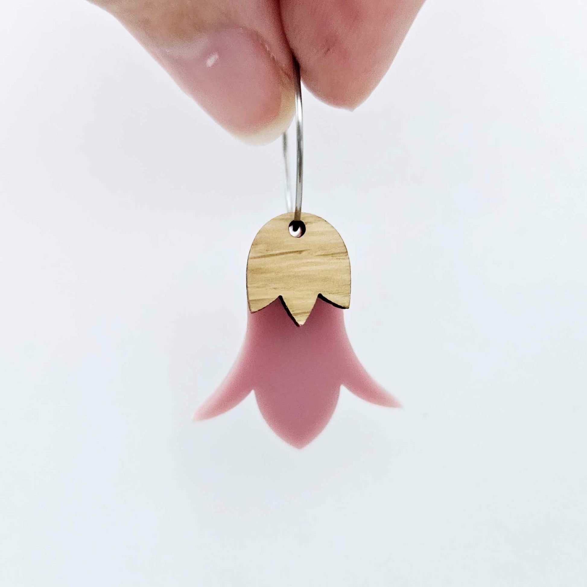 Dusty Rose acrylic nodding flower dangle blanks assembled on 20mm hoops with leaf cap detail for a layered botanical flower look