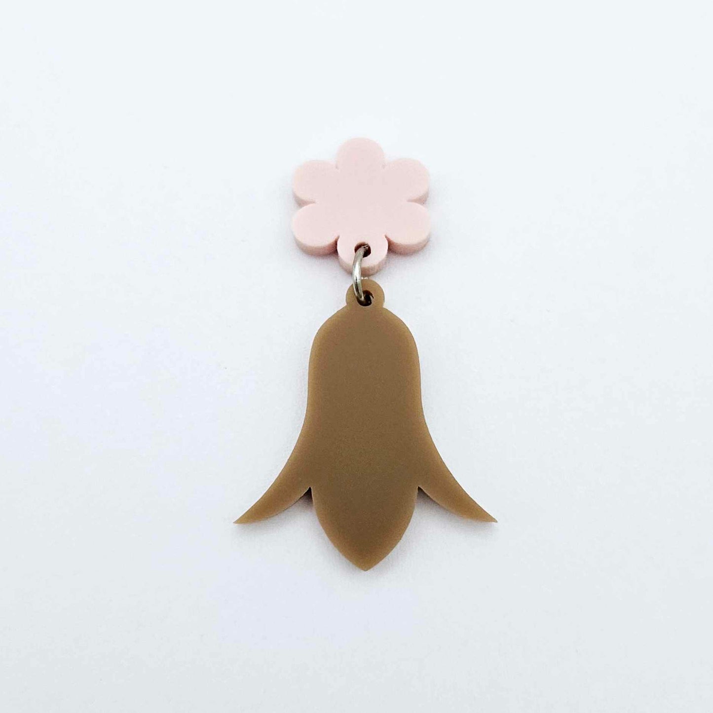 28mm iced coffee brown acrylic nodding flower dangle hanging from a 14mm flower topper, shown as a completed earring design