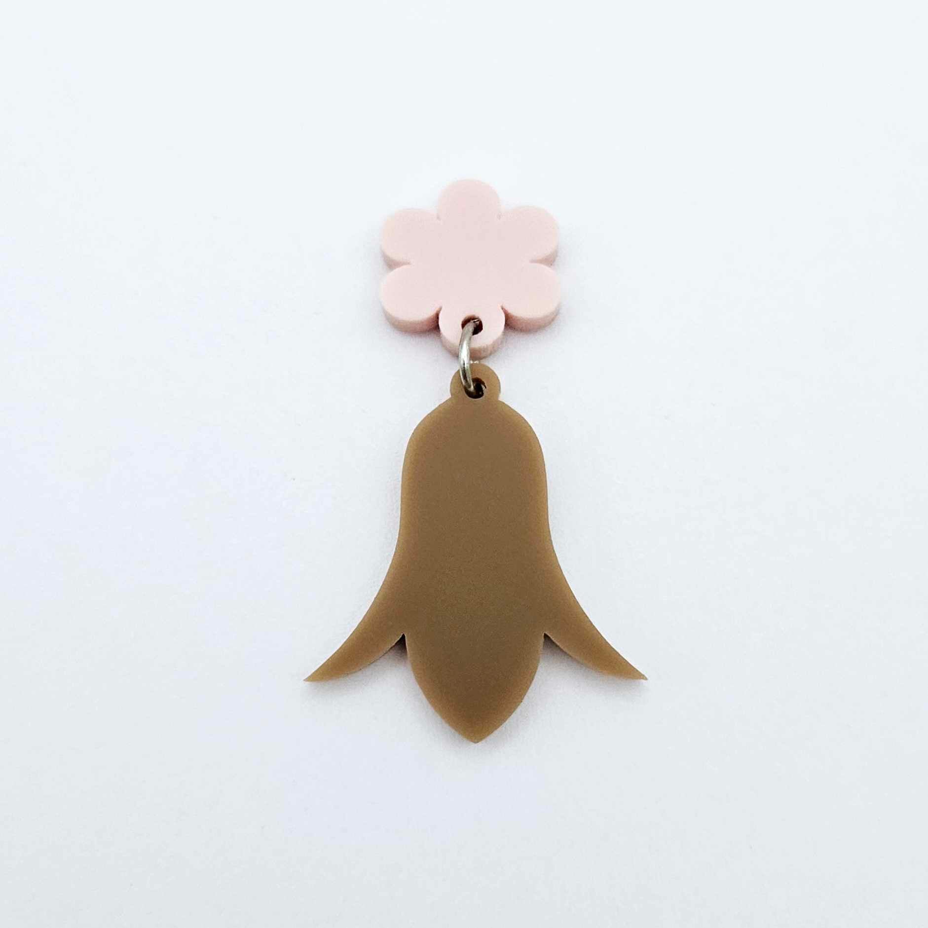 28mm iced coffee brown acrylic nodding flower dangle hanging from a 14mm flower topper, shown as a completed earring design