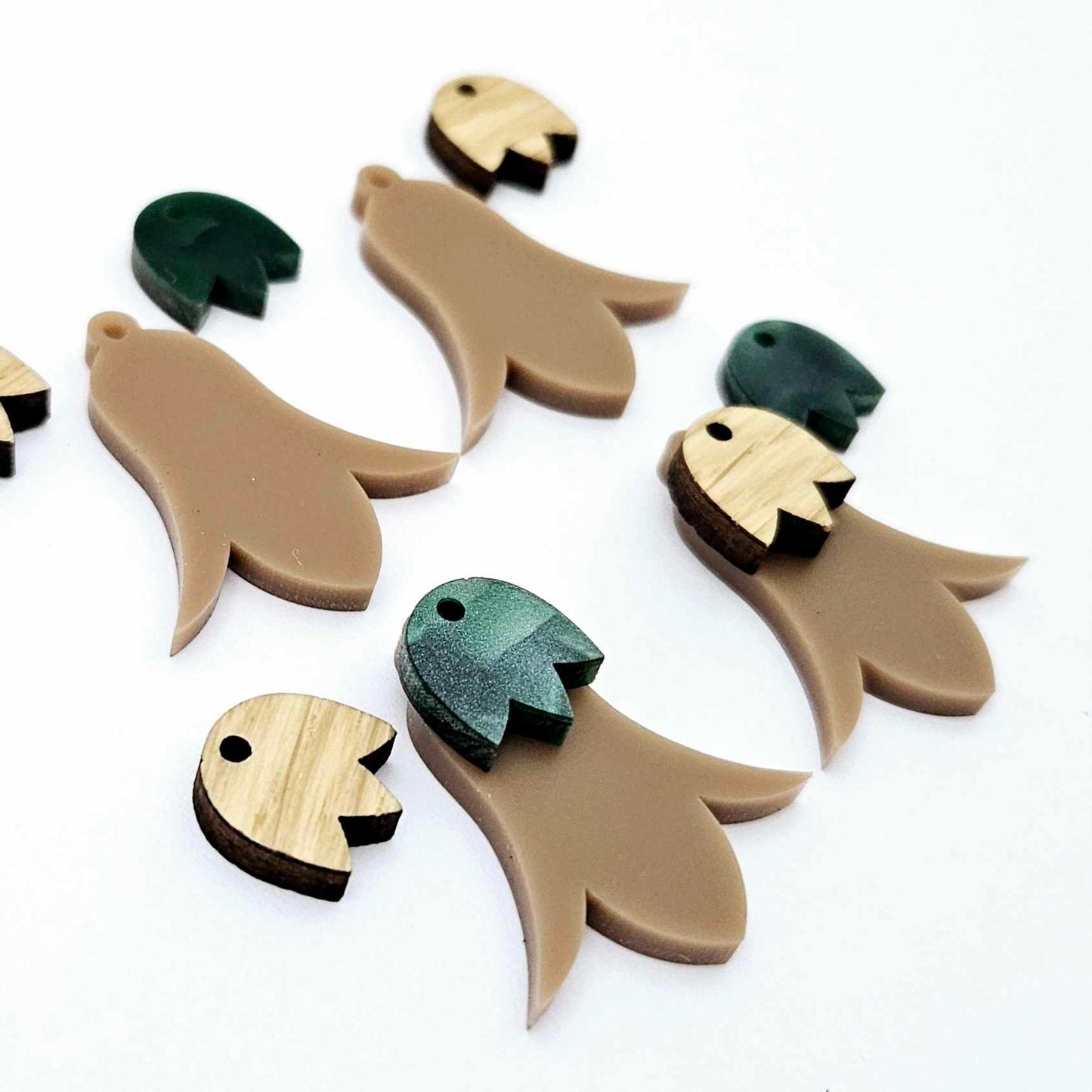 28mm iced coffee acrylic nodding flower dangle blanks shown on their own and with oak wood and green mineral leaf cap pieces