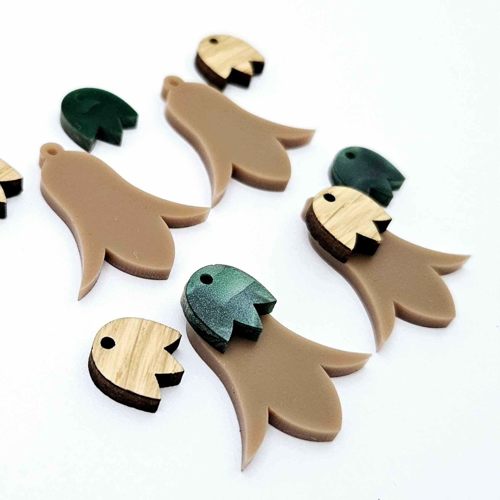 28mm iced coffee acrylic nodding flower dangle blanks shown on their own and with oak wood and green mineral leaf cap pieces