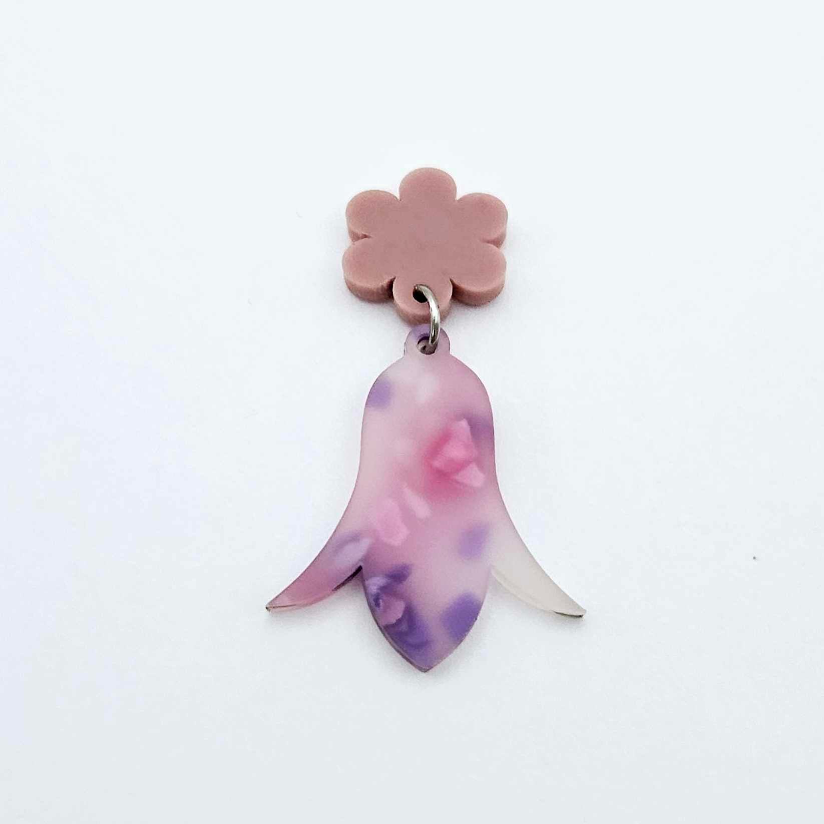 28mm jacaranda petal acrylic nodding flower dangle hanging from a 14mm flower topper, shown as a completed earring design