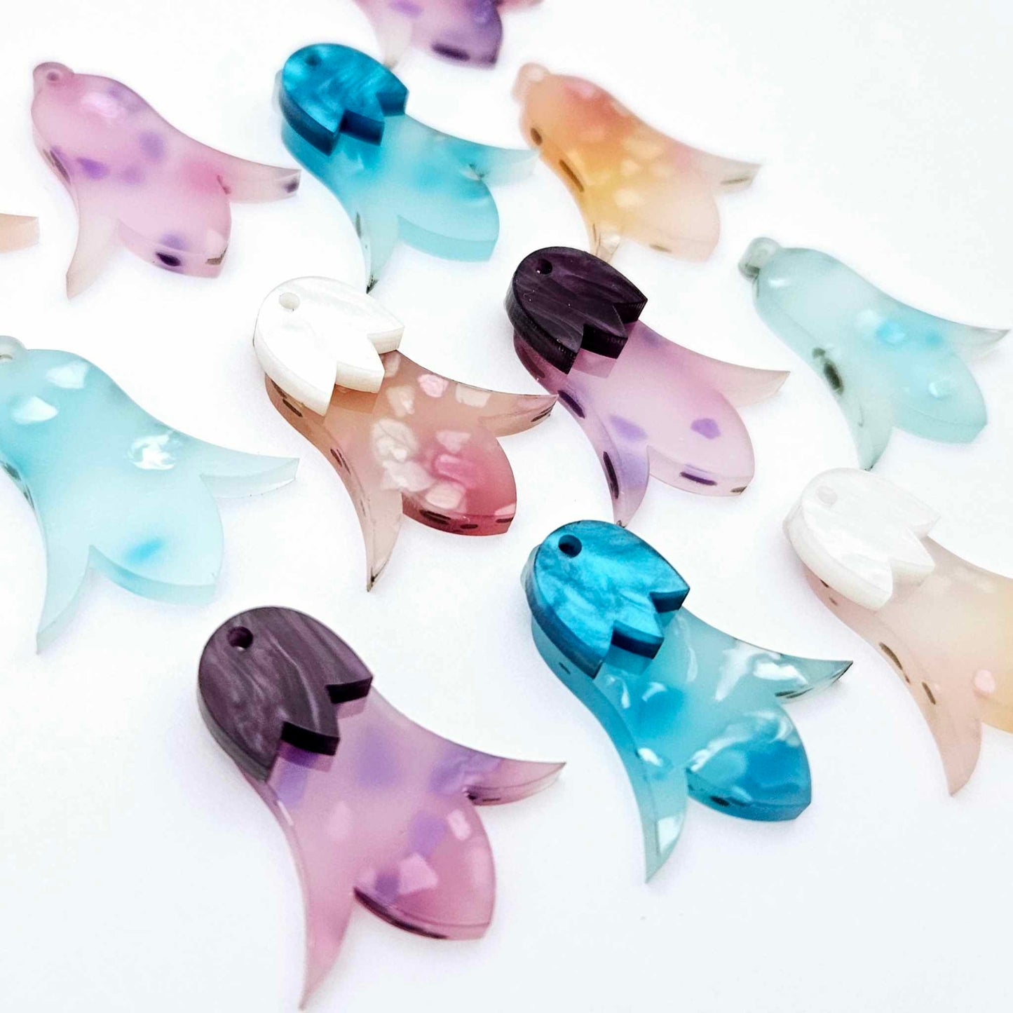 28mm mixed petal acrylic nodding flower dangle blanks shown on their own and with marble leaf cap pieces