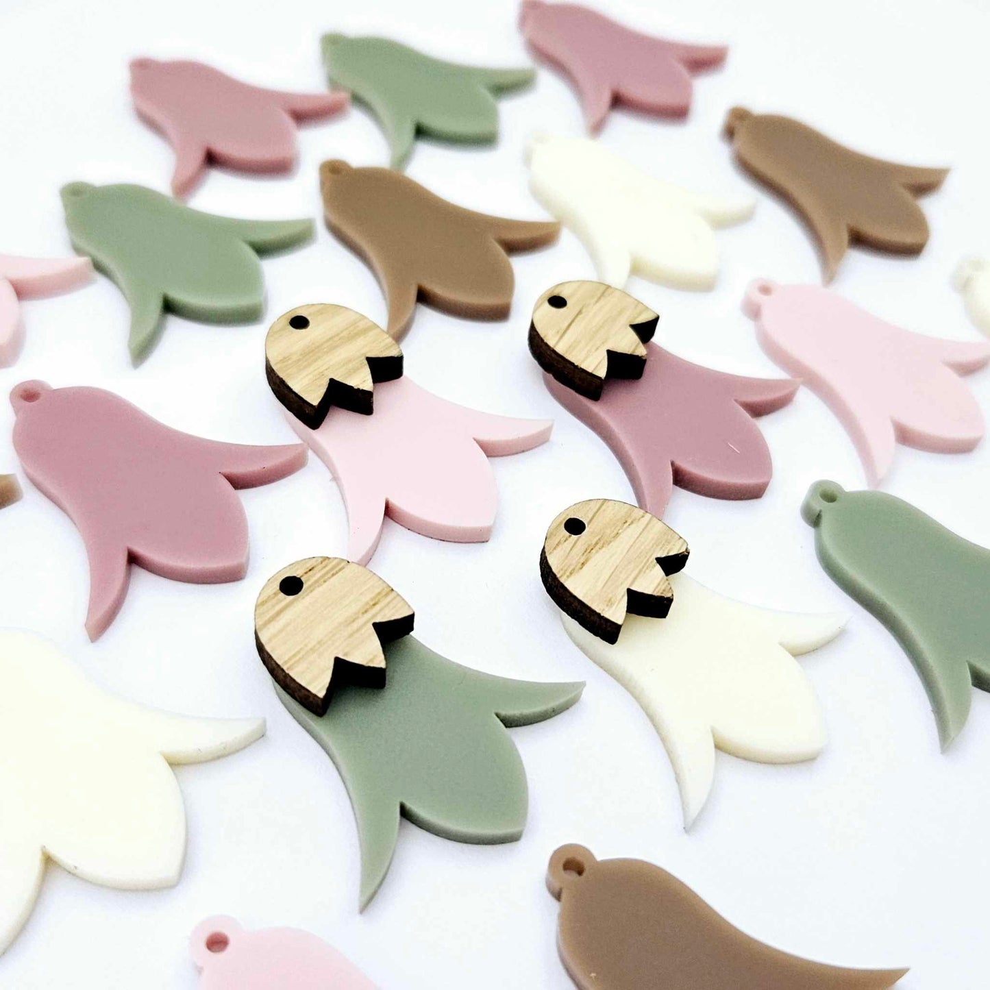 28mm acrylic nodding mixed pack flower dangle blanks shown on their own and with oak wood leaf cap pieces
