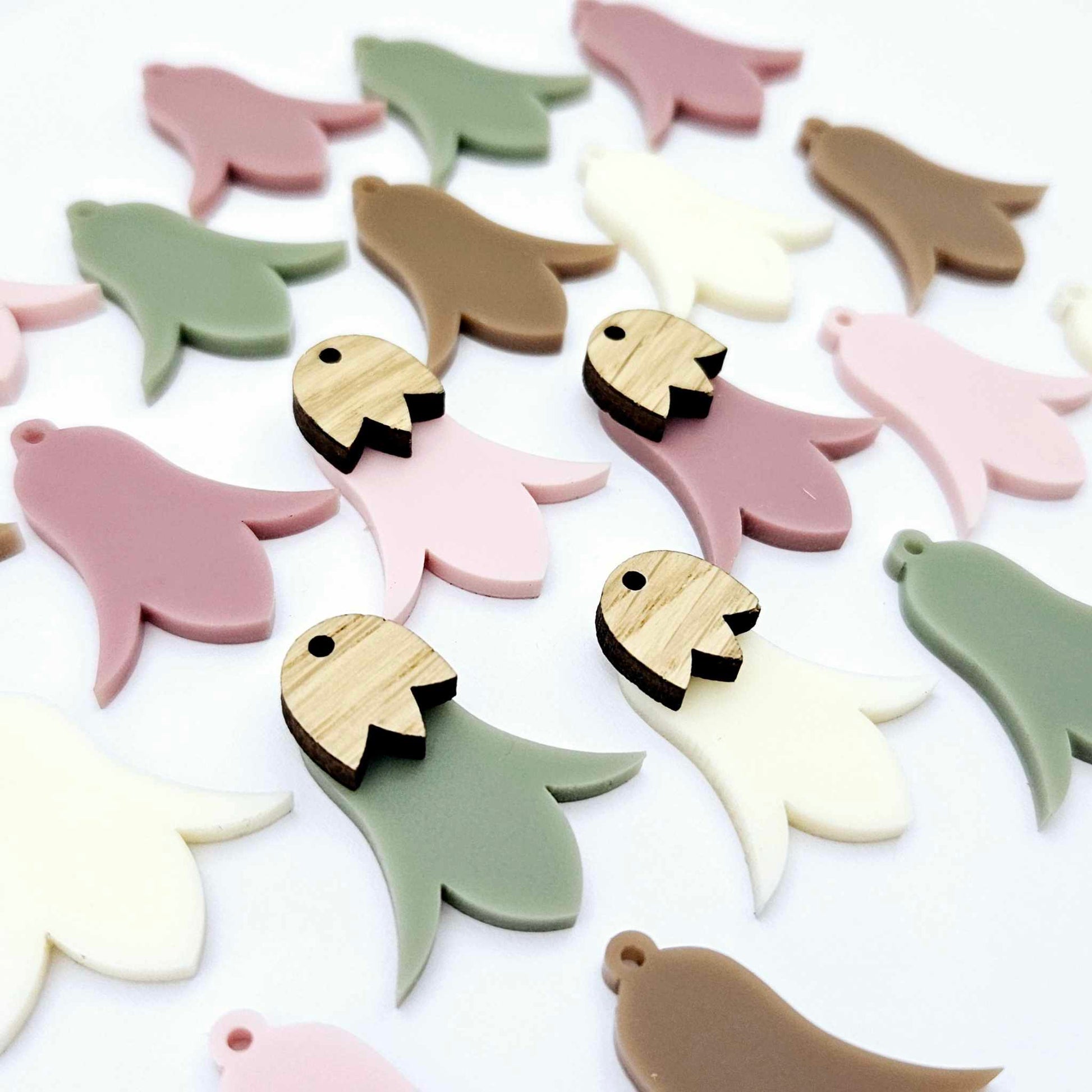28mm acrylic nodding mixed pack flower dangle blanks shown on their own and with oak wood leaf cap pieces