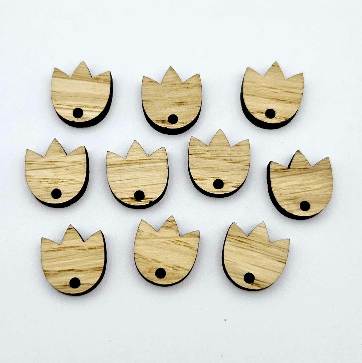 12mm oak veneer wood tulip shape earring blanks toppers shown on their own