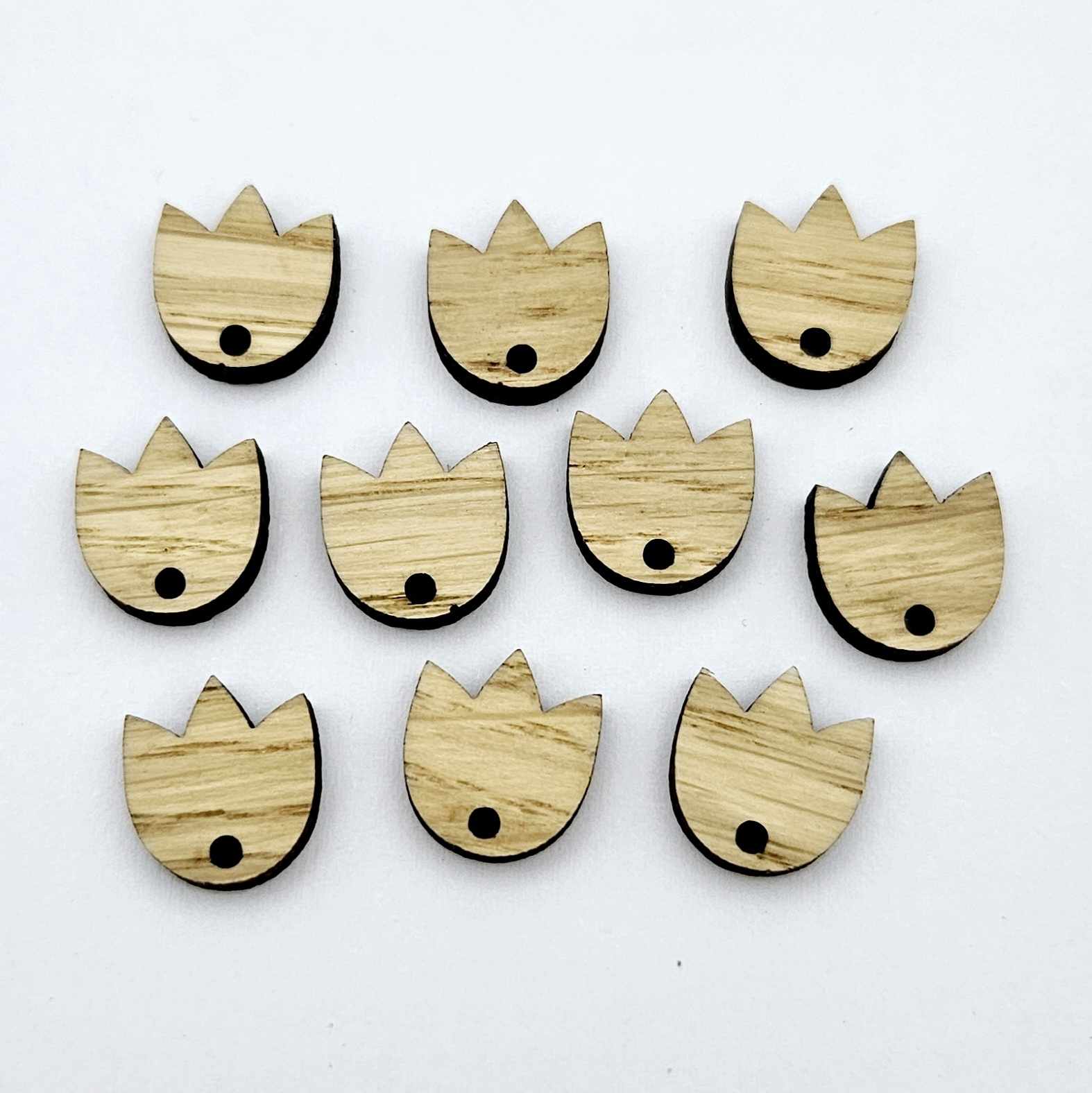 12mm oak veneer wood tulip shape earring blanks toppers shown on their own
