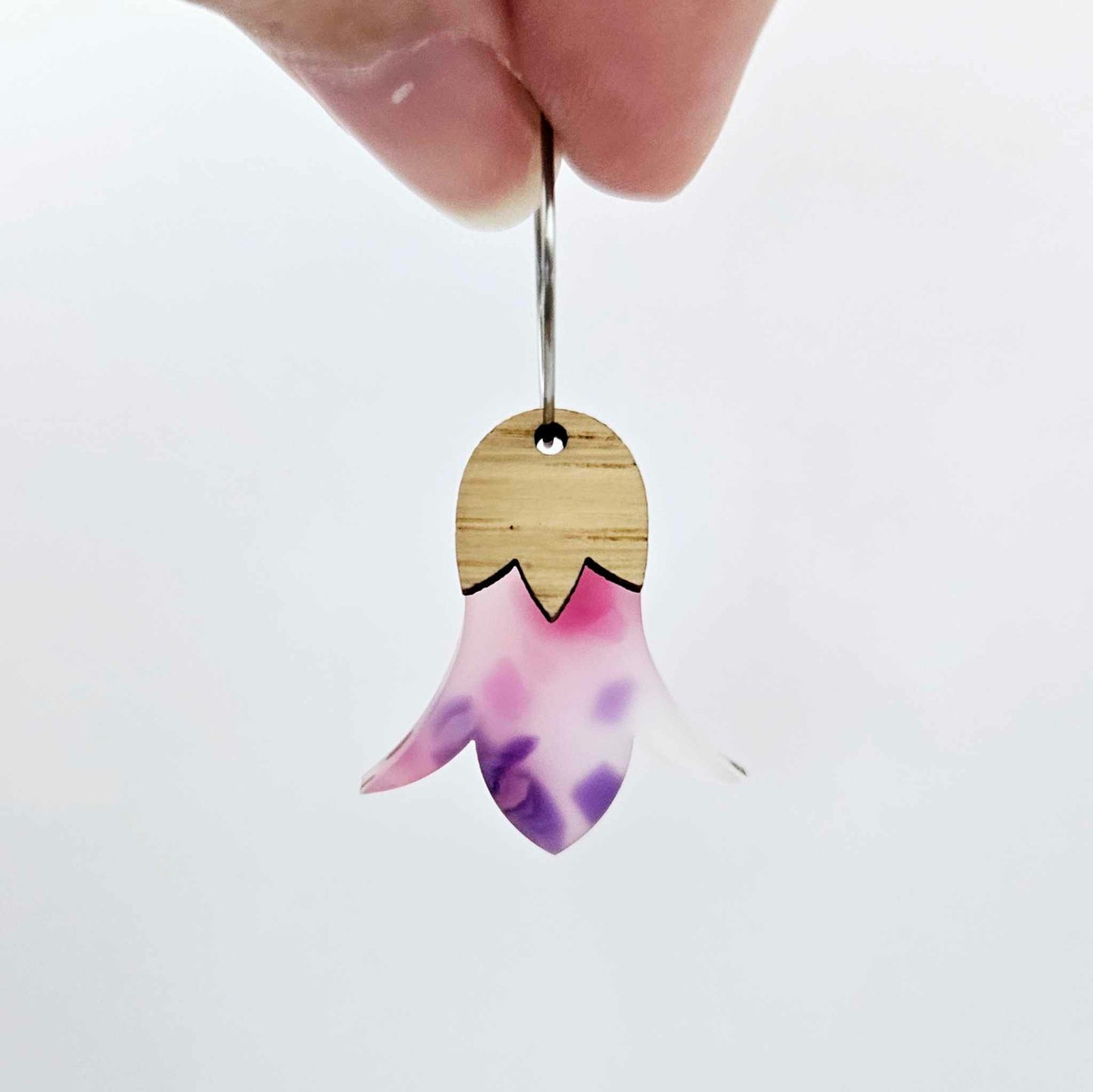 Jacaranda petal acrylic nodding flower dangle blanks assembled on 20mm hoops with leaf cap detail for a layered botanical flower look