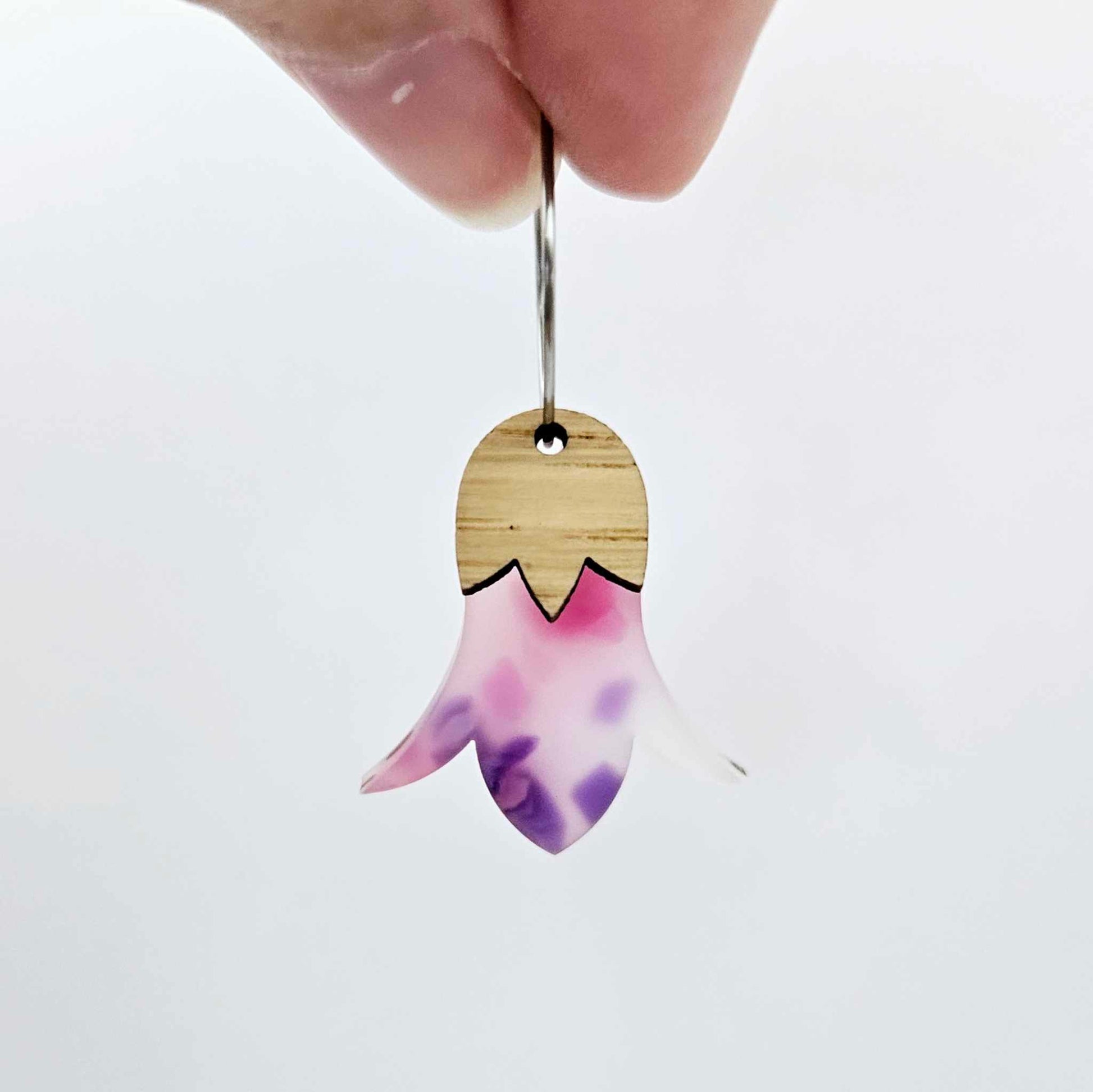Jacaranda petal acrylic nodding flower dangle blanks assembled on 20mm hoops with leaf cap detail for a layered botanical flower look