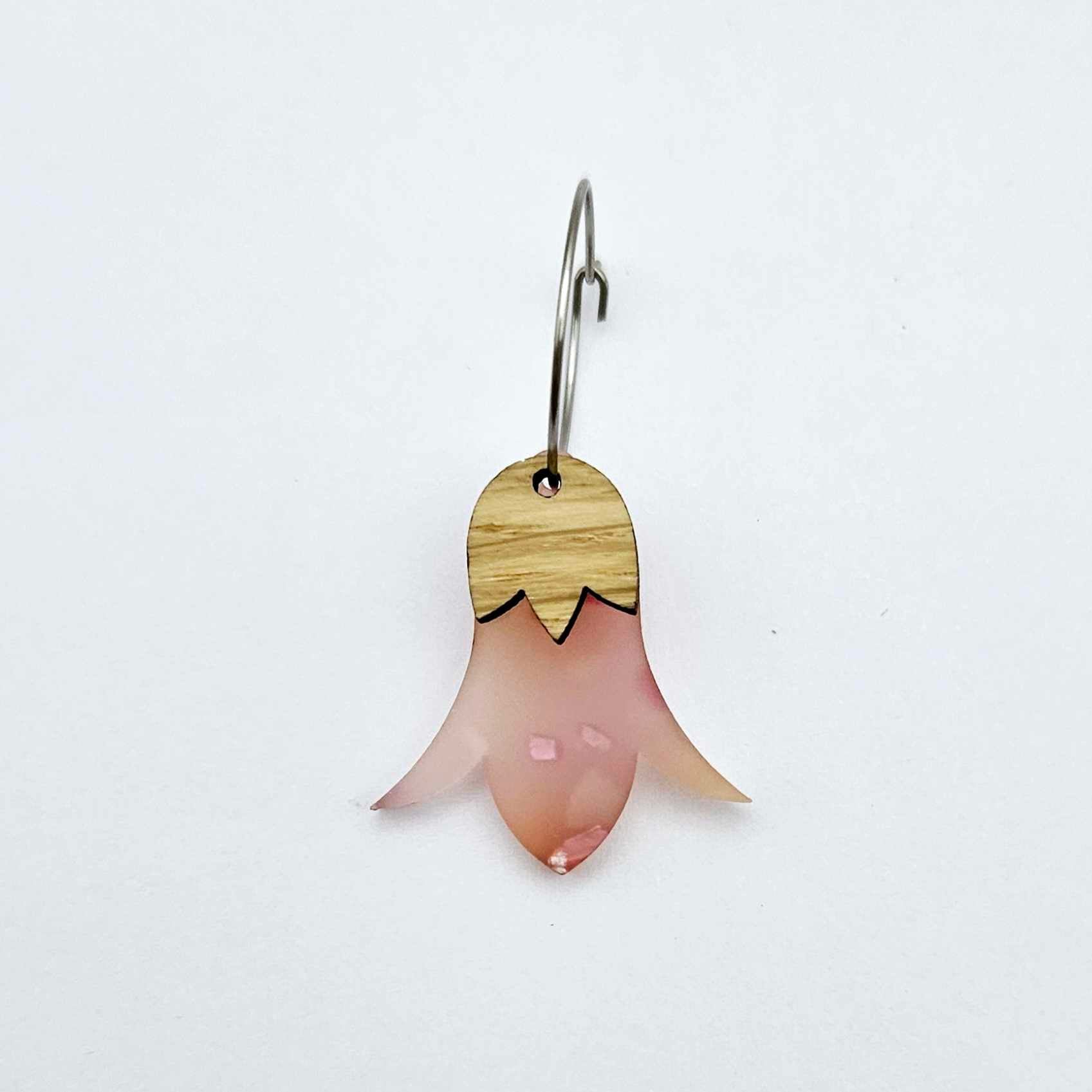 Frangipani petal acrylic nodding flower dangle blanks assembled on 20mm hoops with leaf cap detail for a layered botanical flower look