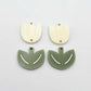 Cream and olive green acrylic tulip dangle blanks, one pair paint filled white, shown as a two-piece floral design