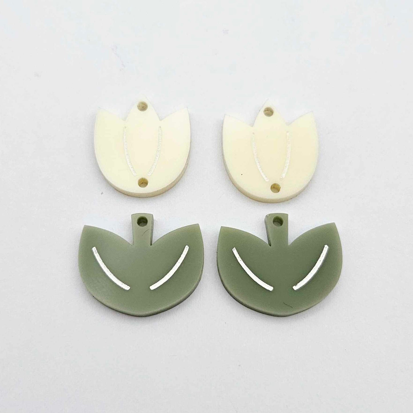 Cream and olive green acrylic tulip dangle blanks, one pair paint filled white, shown as a two-piece floral design