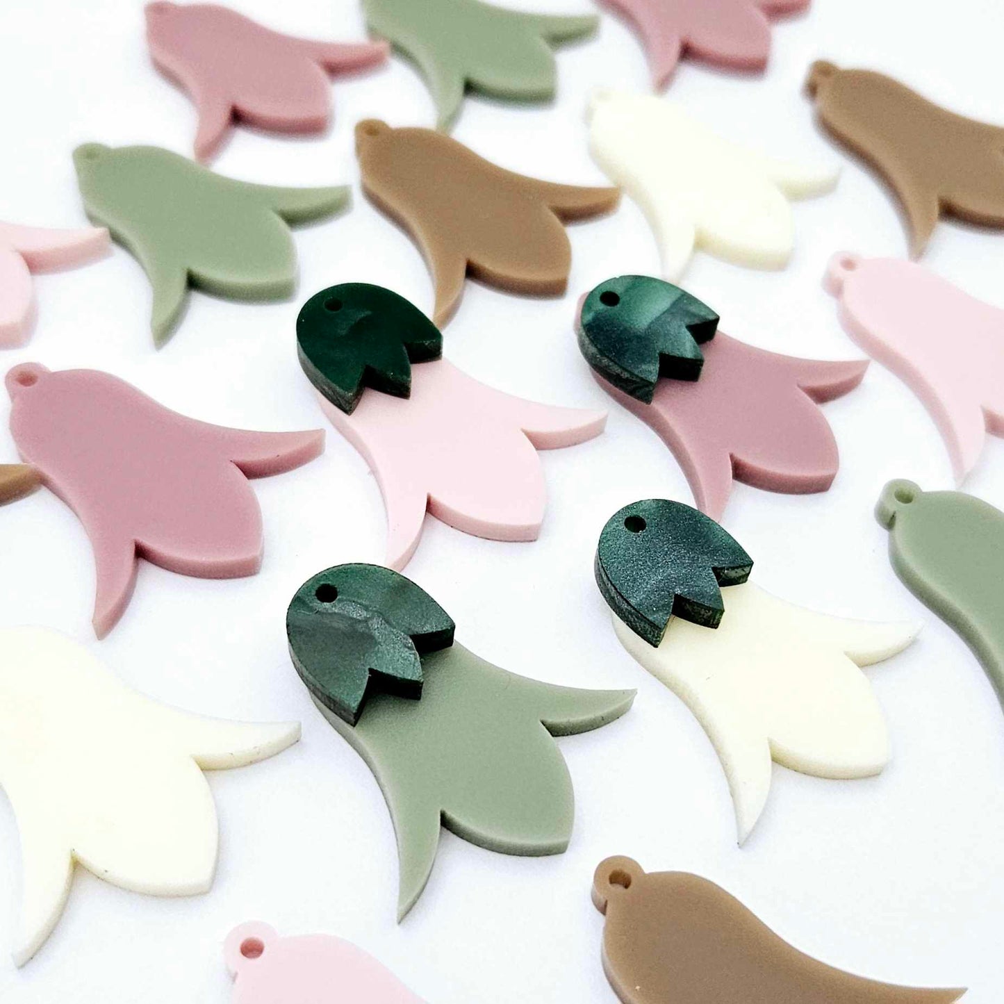 28mm acrylic nodding mixed pack flower dangle blanks shown on their own and with green mineral leaf cap pieces