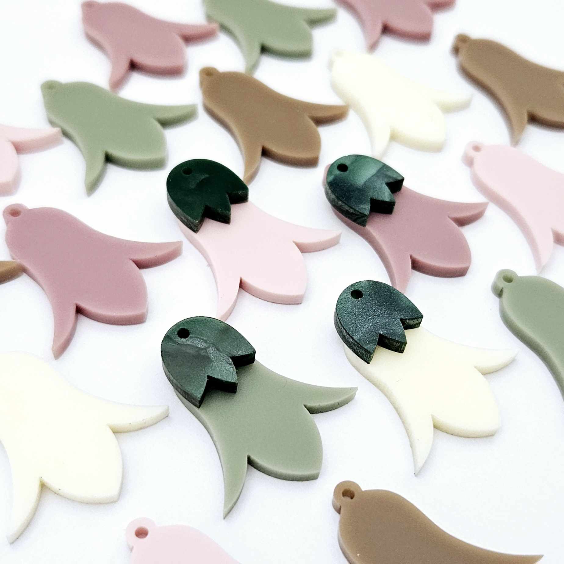 28mm acrylic nodding mixed pack flower dangle blanks shown on their own and with green mineral leaf cap pieces