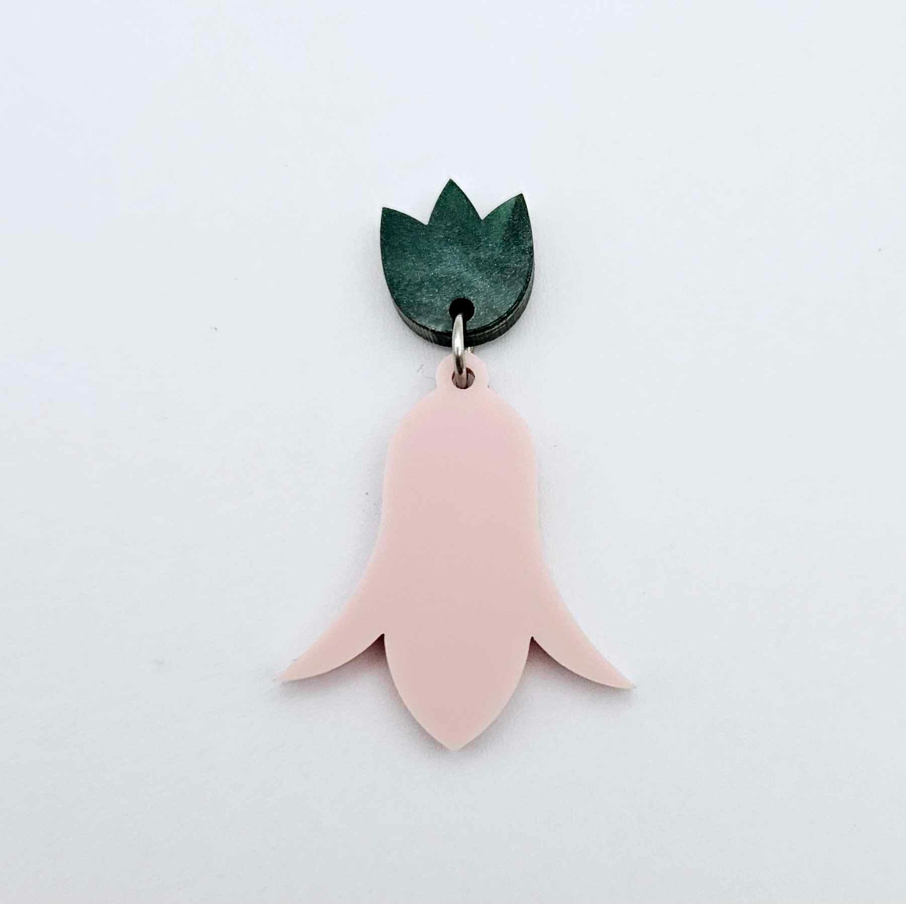 12mm green mineral acrylic tulip shape earring blanks toppers shown with one of our dusty pale pink nodding flower acrylic earring blanks