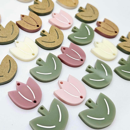 Two-piece tulip acrylic dangle blanks in a mixed pack of solid colours and olive green, paint filled white on some and remaining unfilled