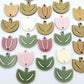 Two-piece tulip acrylic dangle blanks in a mixed pack of solid colours and olive green, paint filled white on some and remaining unfilled