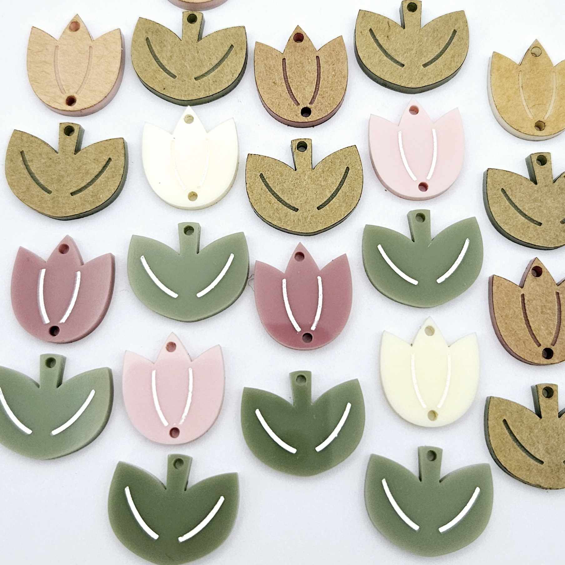 Two-piece tulip acrylic dangle blanks in a mixed pack of solid colours and olive green, paint filled white on some and remaining unfilled