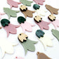 28mm acrylic nodding mixed pack flower dangle blanks shown on their own and with oak wood and green mineral leaf cap pieces
